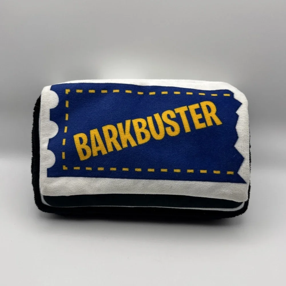 Bark Box Barkbuster Blockbuster Dog Toy Treat Trap VHS Tape Crinkle Squeak